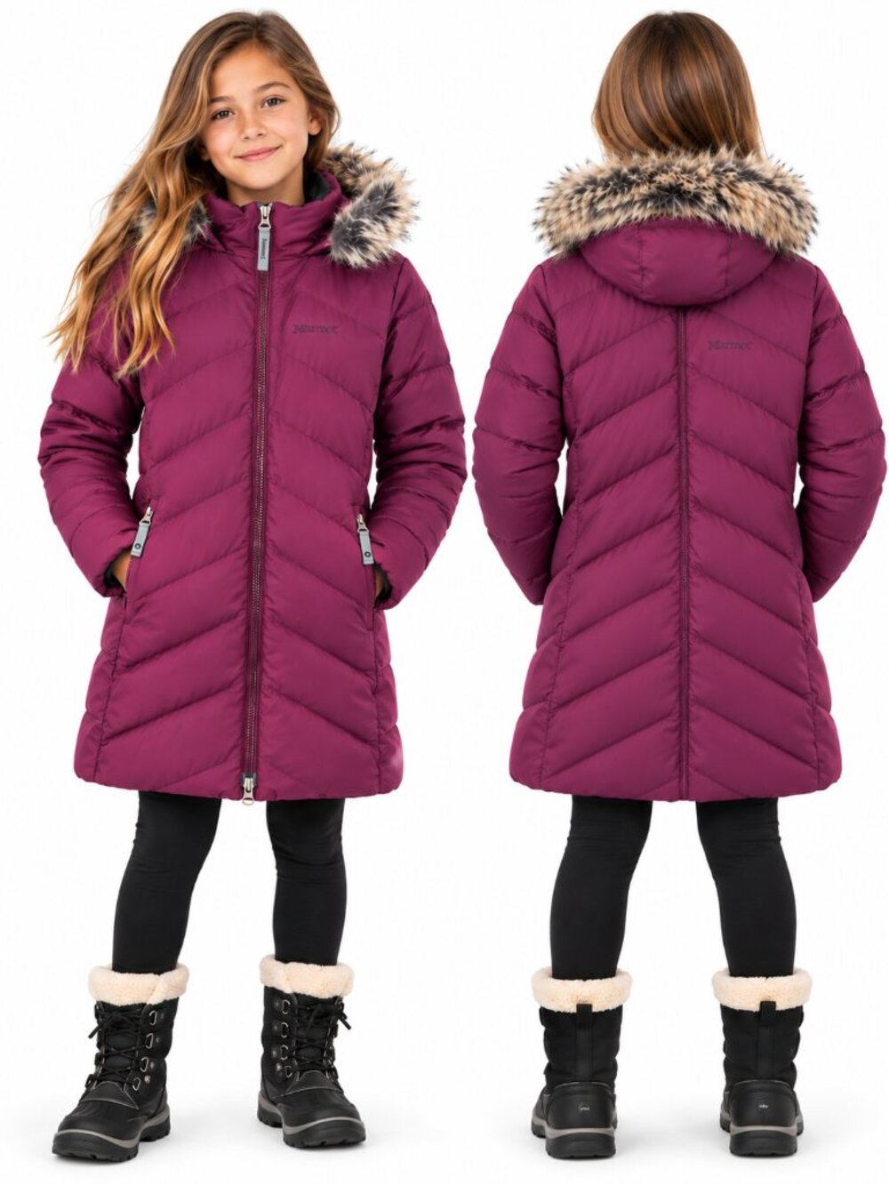 Marmot Girls L Purple 85% Duck Down Long Puffer Winter Coat Faux Fur Hood